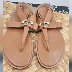 Tory Burch Tan Leather Gigi T-Strap Sandals with Gold Logo